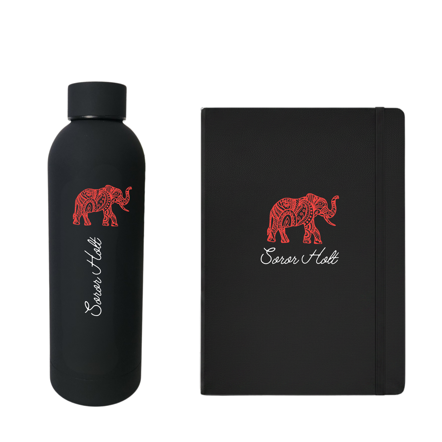A black water bottle and notebook. Both have the words "Soror Holt" written in white script and a red elephant symbol placed above the words.