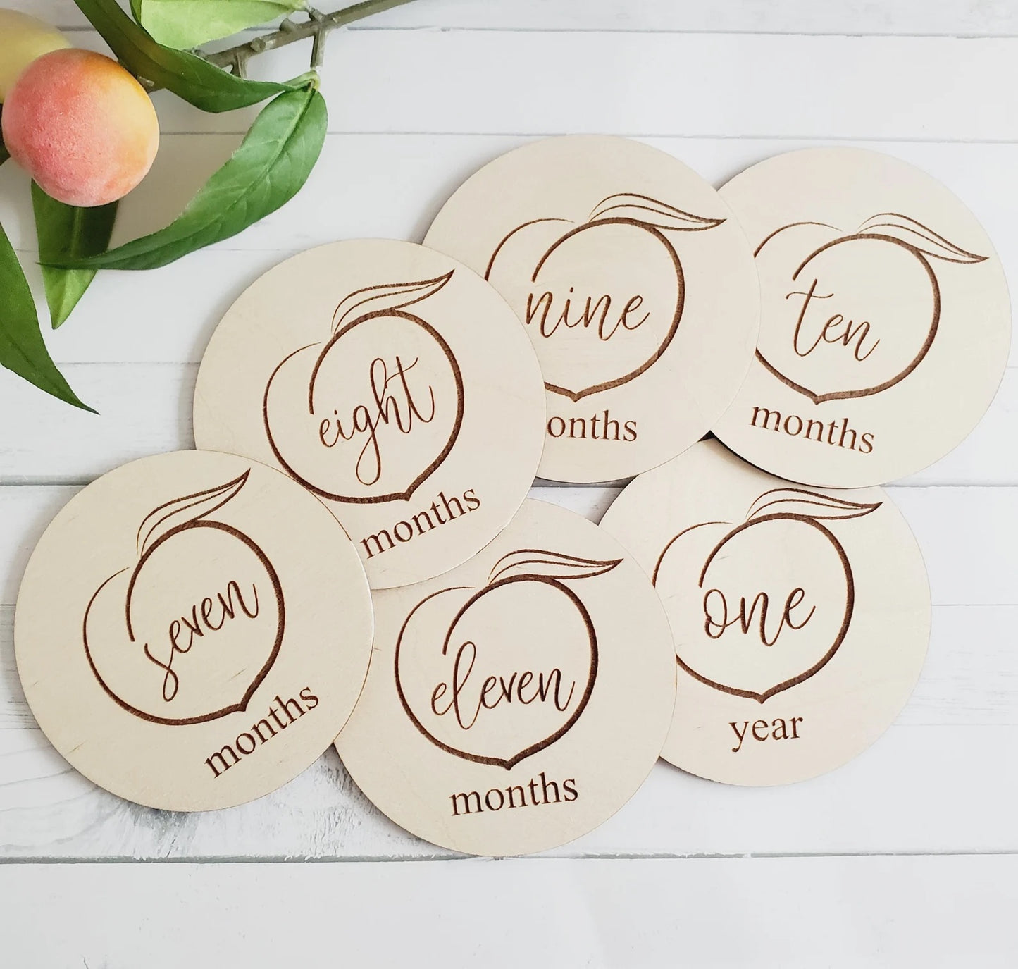 Peach Baby Milestone Engraved Baby Photo Prop seven months through one year