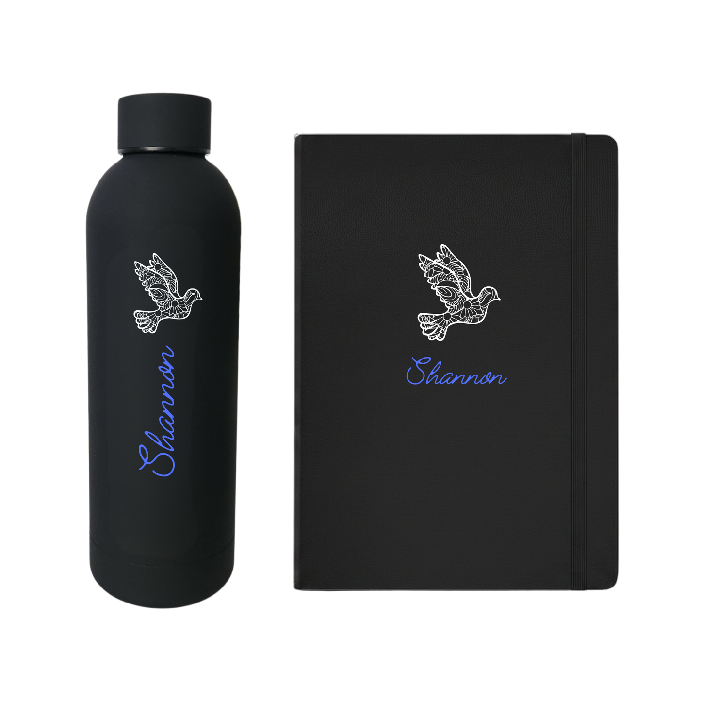 Black water bottle and journal set with 'Shannon' written in bright blue and a white dove design