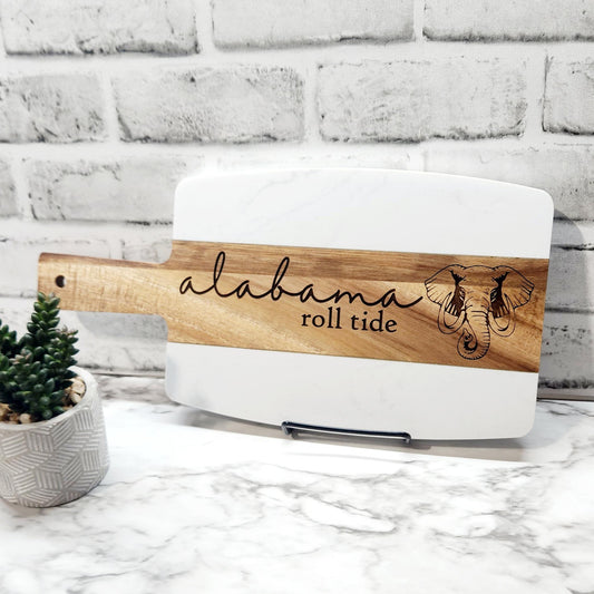 Alabama Roll Tide engraved marble and acacia wood charcuterie board – college football fan gift