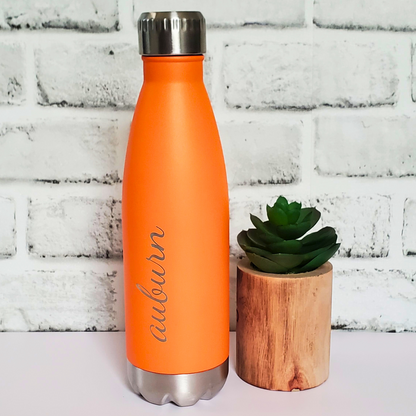Orange water bottle engraved with "auburn" in script