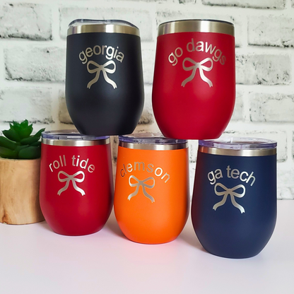Personalized college wine mug with bow 12oz insulated – custom game day gift for college fans