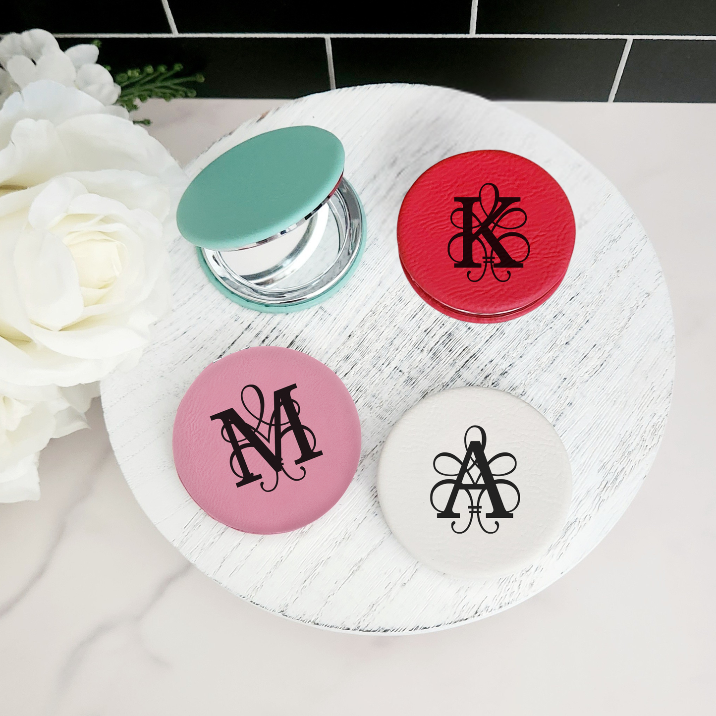 Personalized Engraved Vegan Leather Compact Mirror