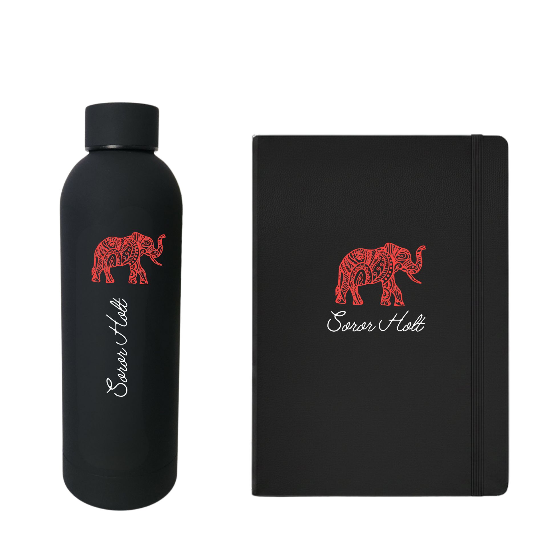 A black water bottle and notebook.  Both have the words "Soror Holt" written in white script and a red elephant symbol placed above the words.