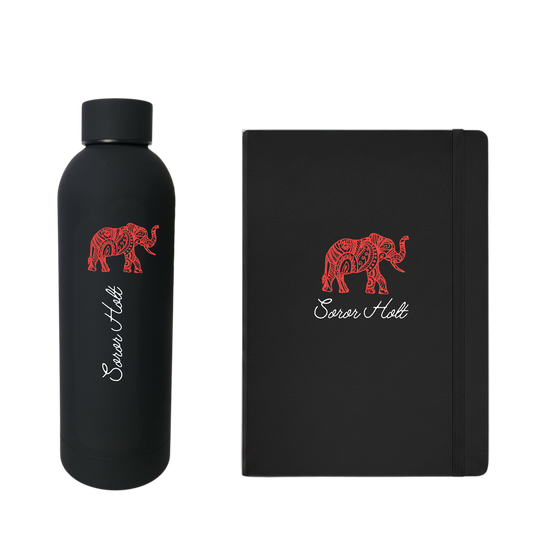 A black water bottle and notebook.  Both have the words "Soror Holt" written in white script and a red elephant symbol placed above the words.