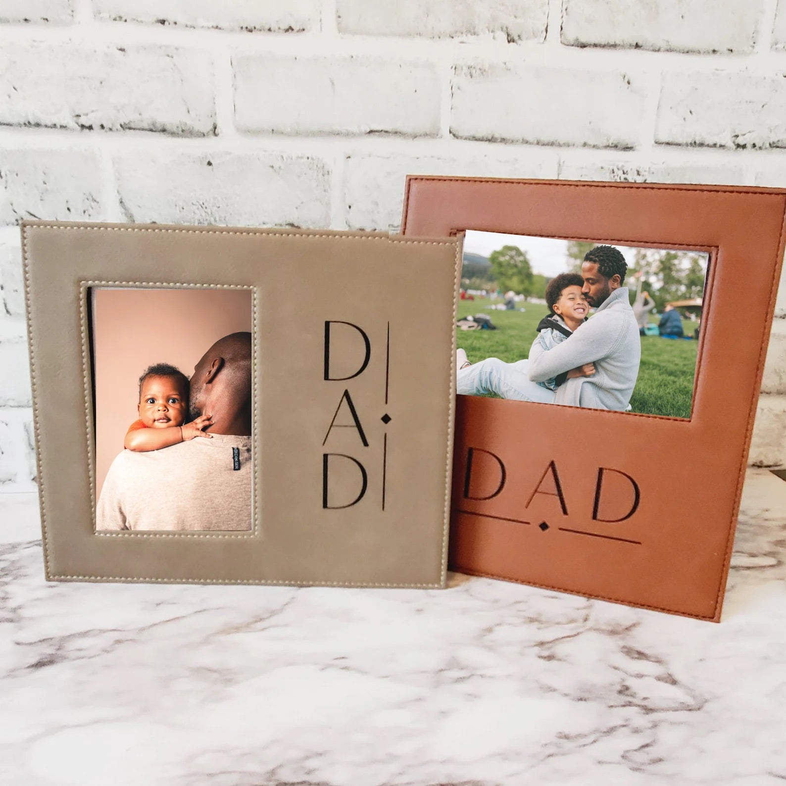Engraved Dad Tan and Brown Leather Picture Frames