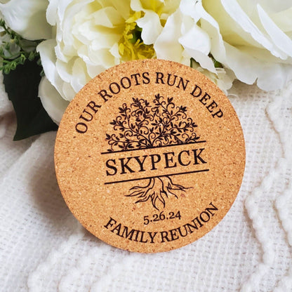 Cork Coaster with Family Name 'SKYPECK' with words engraved Family Reunion and Our Roots Run Deep