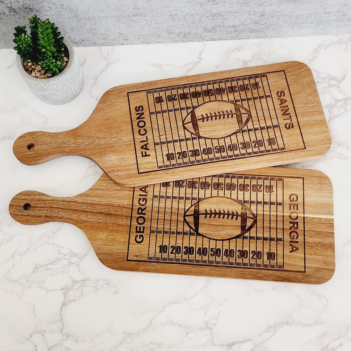 Personalized football shaped acacia wood serving cutting board – custom team name game day gift