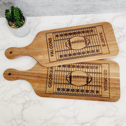 Personalized football shaped acacia wood serving cutting board – custom team name game day gift