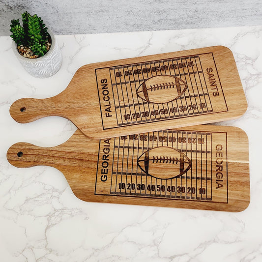 Personalized football shaped acacia wood serving cutting board – custom team name game day gift