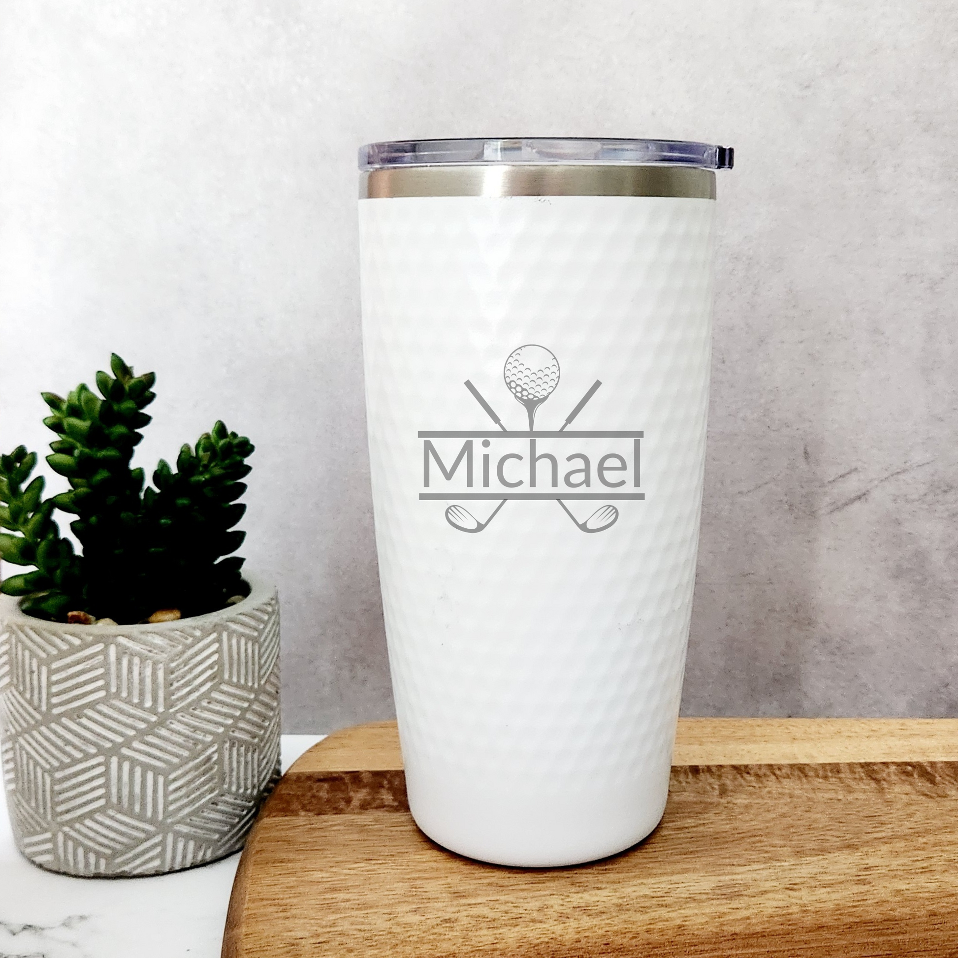 White Golf Tumbler with Name Michael and Golf Clubs