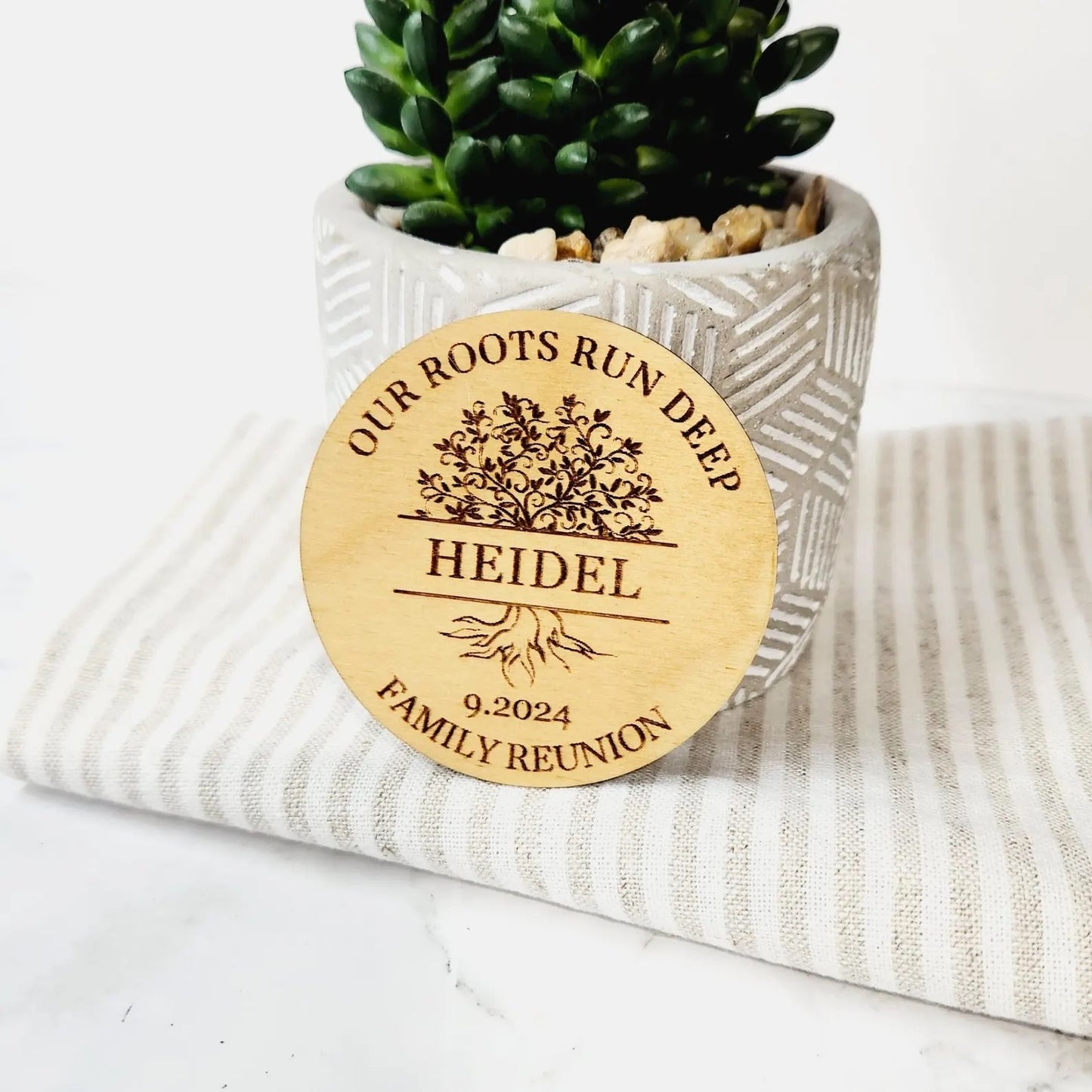 Our Roots Run Deep Family Reunion Engraved with last name 'Heidel' Wooden Magnet Party Favor