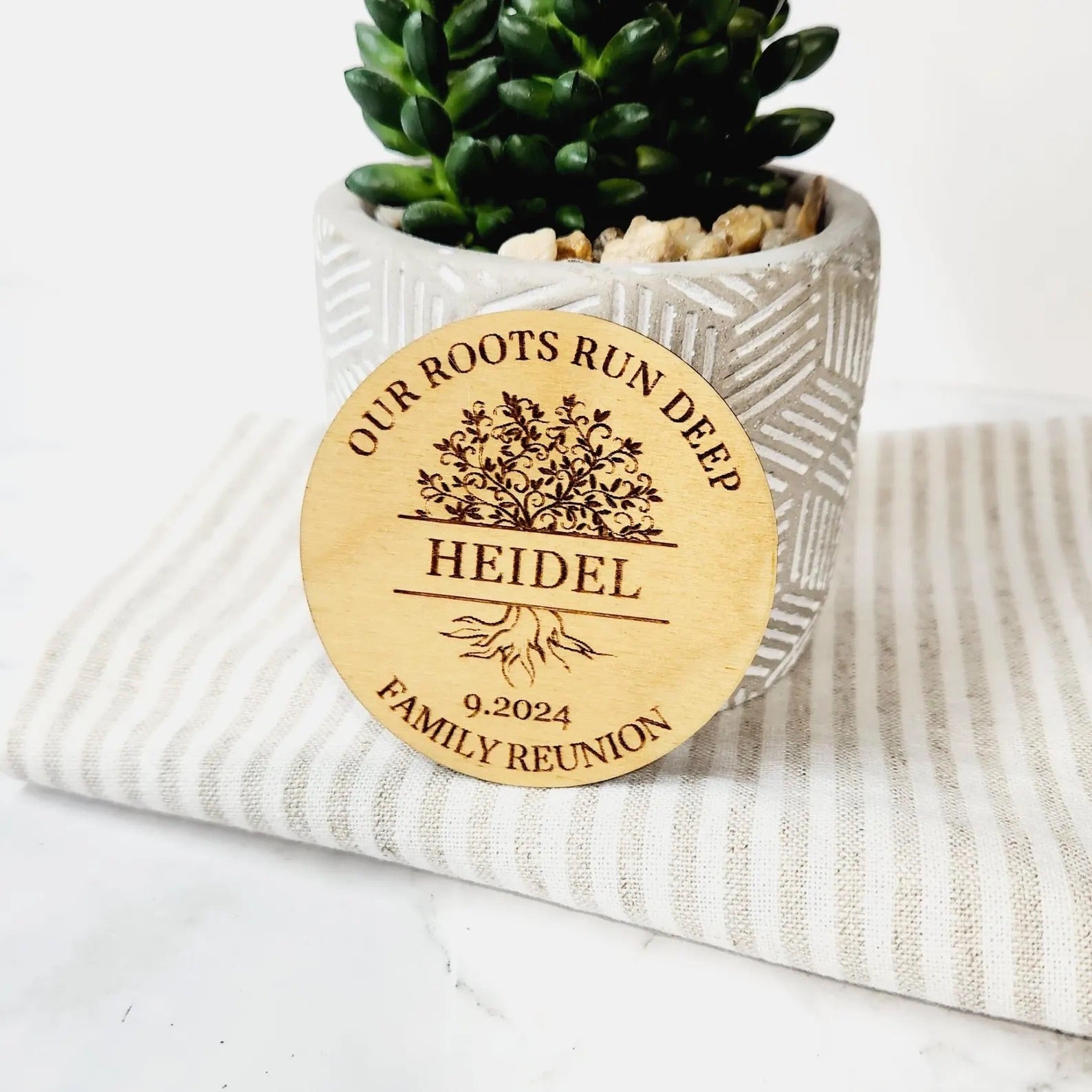 Our Roots Run Deep Family Reunion Engraved with last name 'Heidel' Wooden Magnet Party Favor