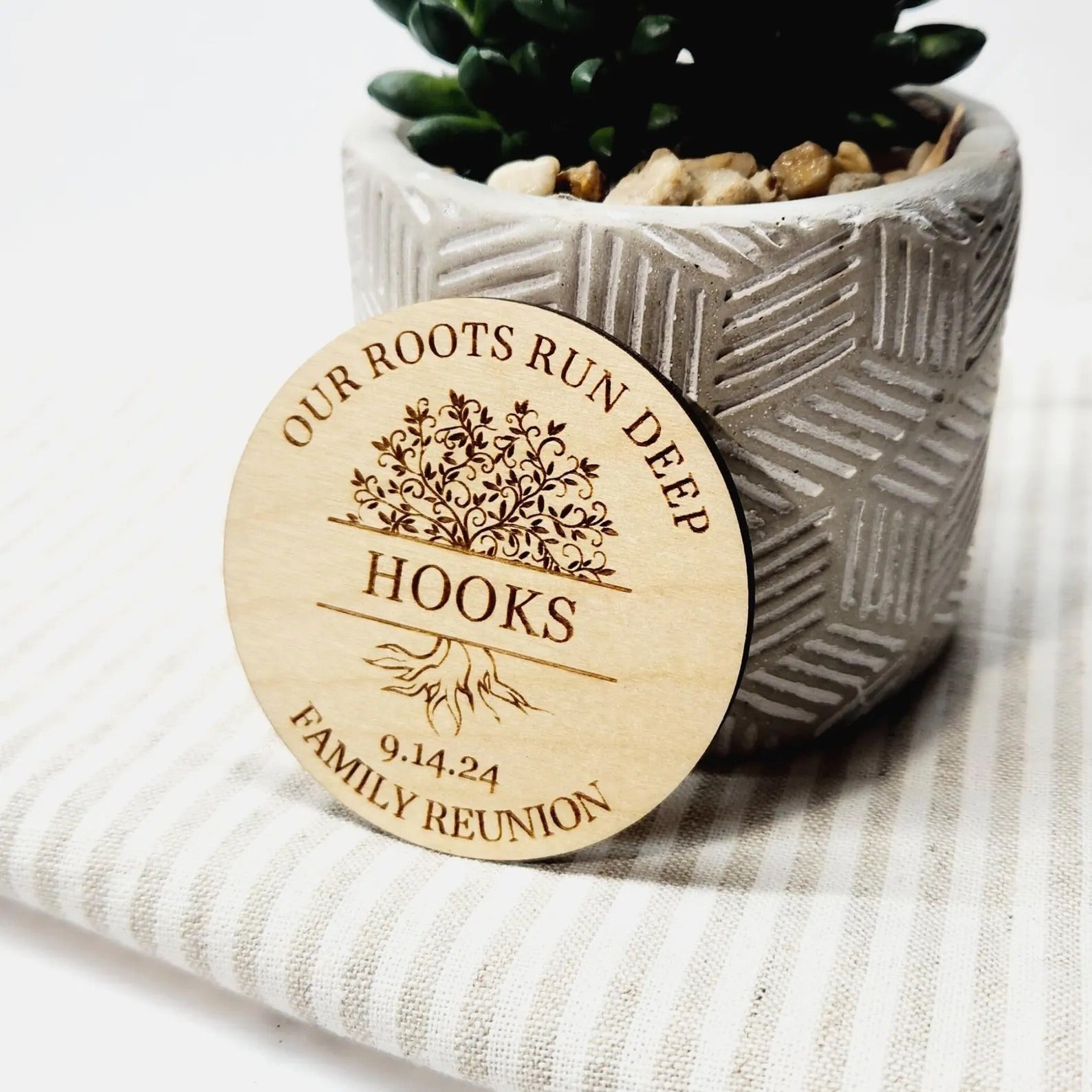 Our Roots Run Deep Family Reunion Engraved with last name Hooks Wooden Magnet Party Favor