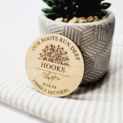 Our Roots Run Deep Family Reunion Engraved with last name Hooks Wooden Magnet Party Favor