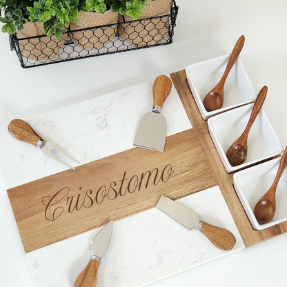 Personalized Marble & Acacia Wood Charcuterie Board Set