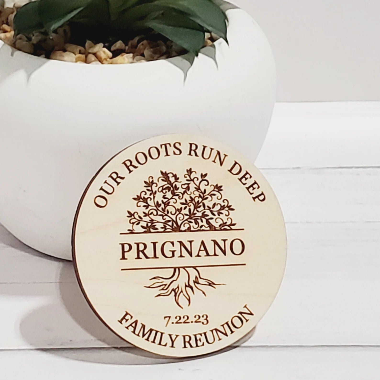Our Roots Run Deep Family Reunion Engraved with last name Prignano Wooden Magnet Party Favor