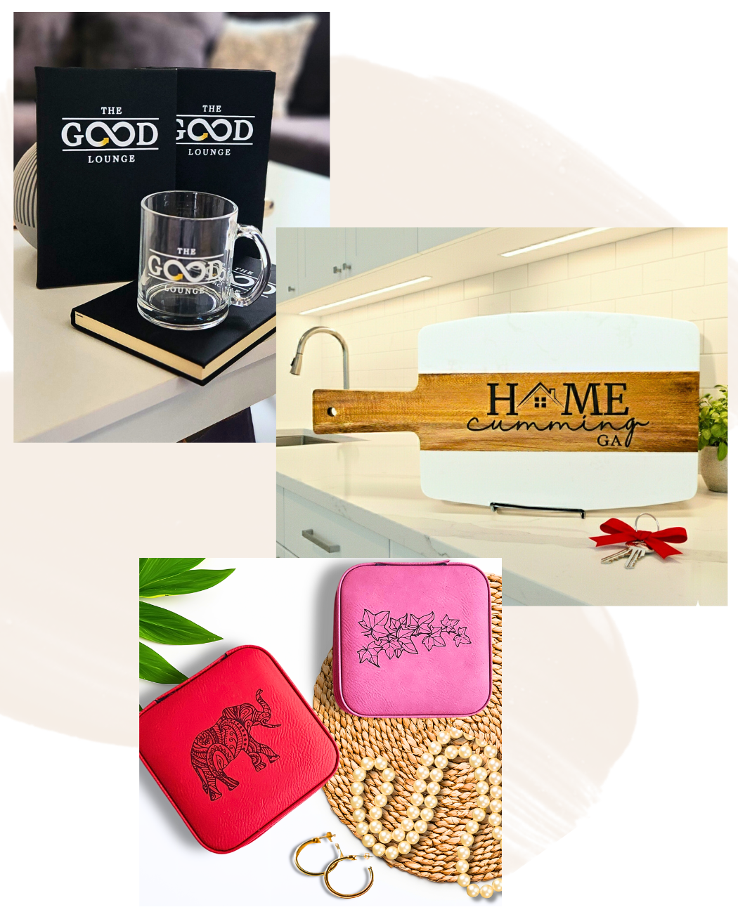 Collage of various products including a mug, book, boxes with branding and custom Greek inspired jewelry boxes. Marble and wood cutting board engraved with Home and city, State for real estate agents.
