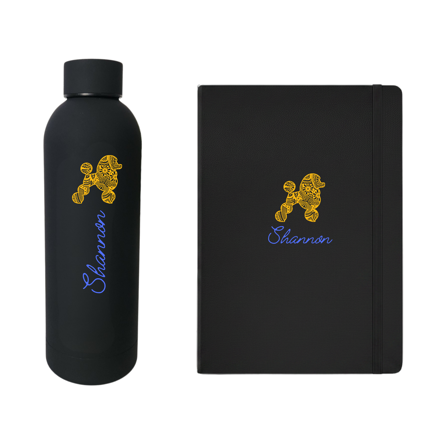 Black water bottle and journal set with 'Shannon' written in bright blue and a yellow poodle design 
