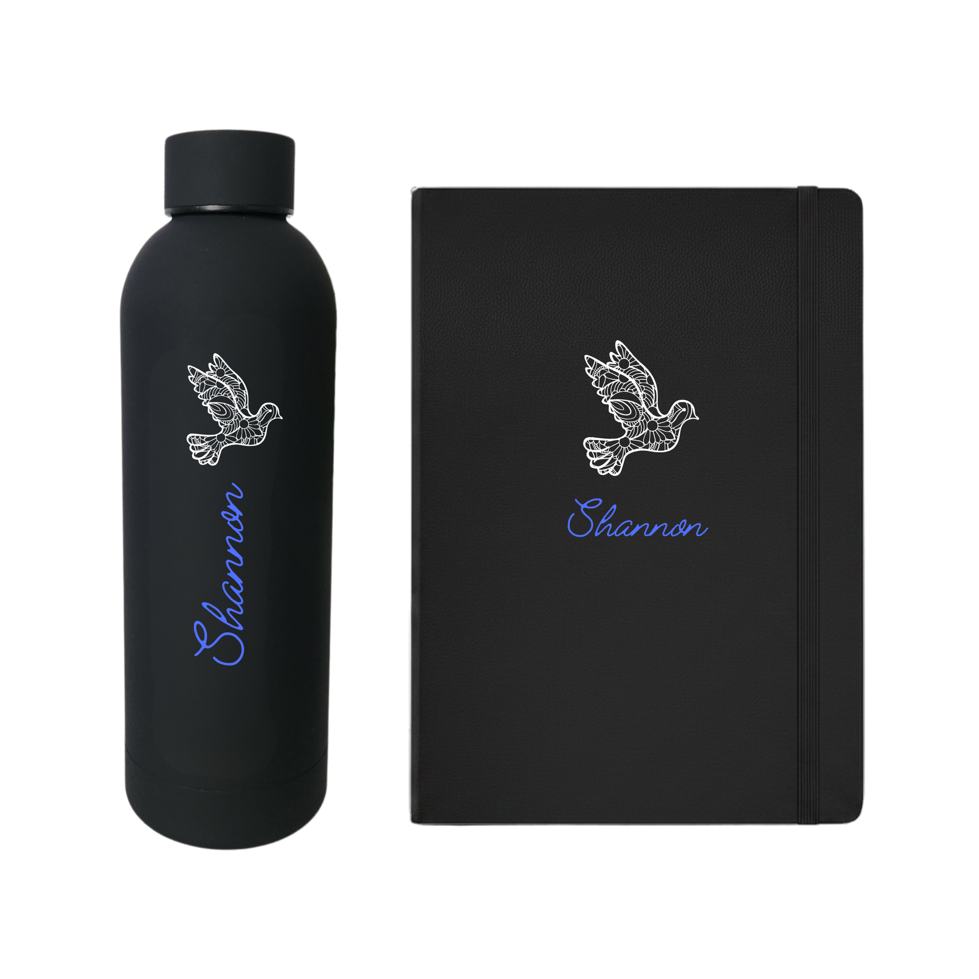 Black water bottle and journal set with 'Shannon' written in bright blue and a white dove design 