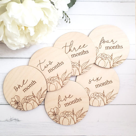 Floral Baby Milestone Engraved Baby Photo Prop One though six