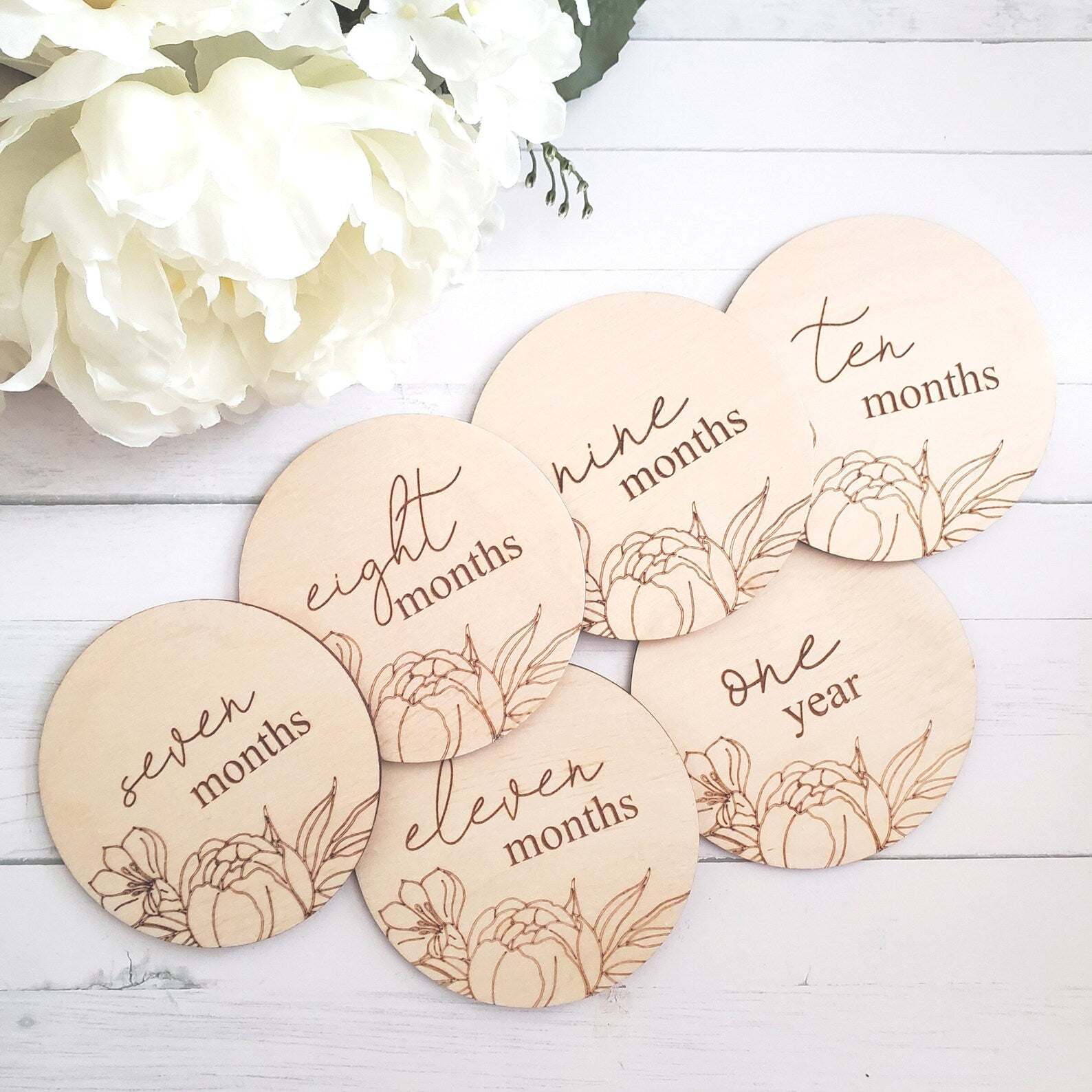 Floral  Baby Milestone Engraved Baby Photo Prop seven months through one year