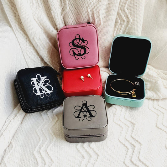 Initial Engraved Vegan Leather Travel Jewelry Box